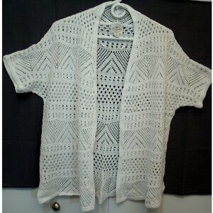 St John's Bay White Open Front Cardigan, Crochet Style, Short Sleeve, Large
